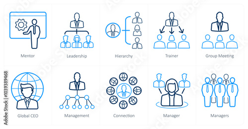 A set of 10 Leadership icons as mentor, leadership, hierarchy
