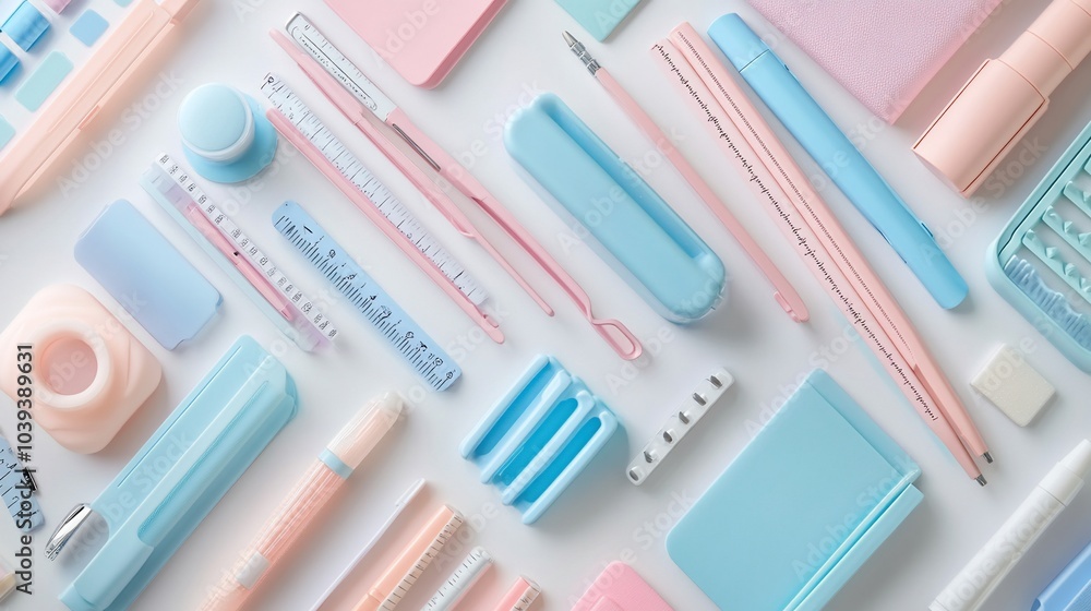 A flat lay of pastel blue and pink stationery items on a white background. A flat lay of pastel blue and pink stationery items on a white background.