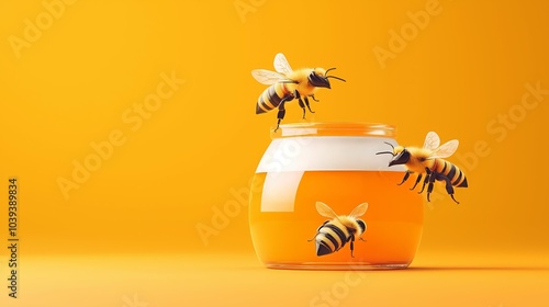 Three Bees Hovering Around Honey Jar on a Bright Yellow Background photo