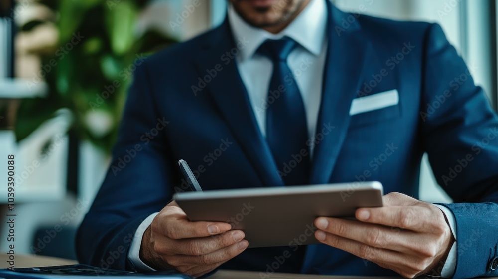 A businessman in a suit uses a tablet while seated at a desk in a modern office environment. A businessman in a suit uses a tablet while seated at a desk in a modern office environment.