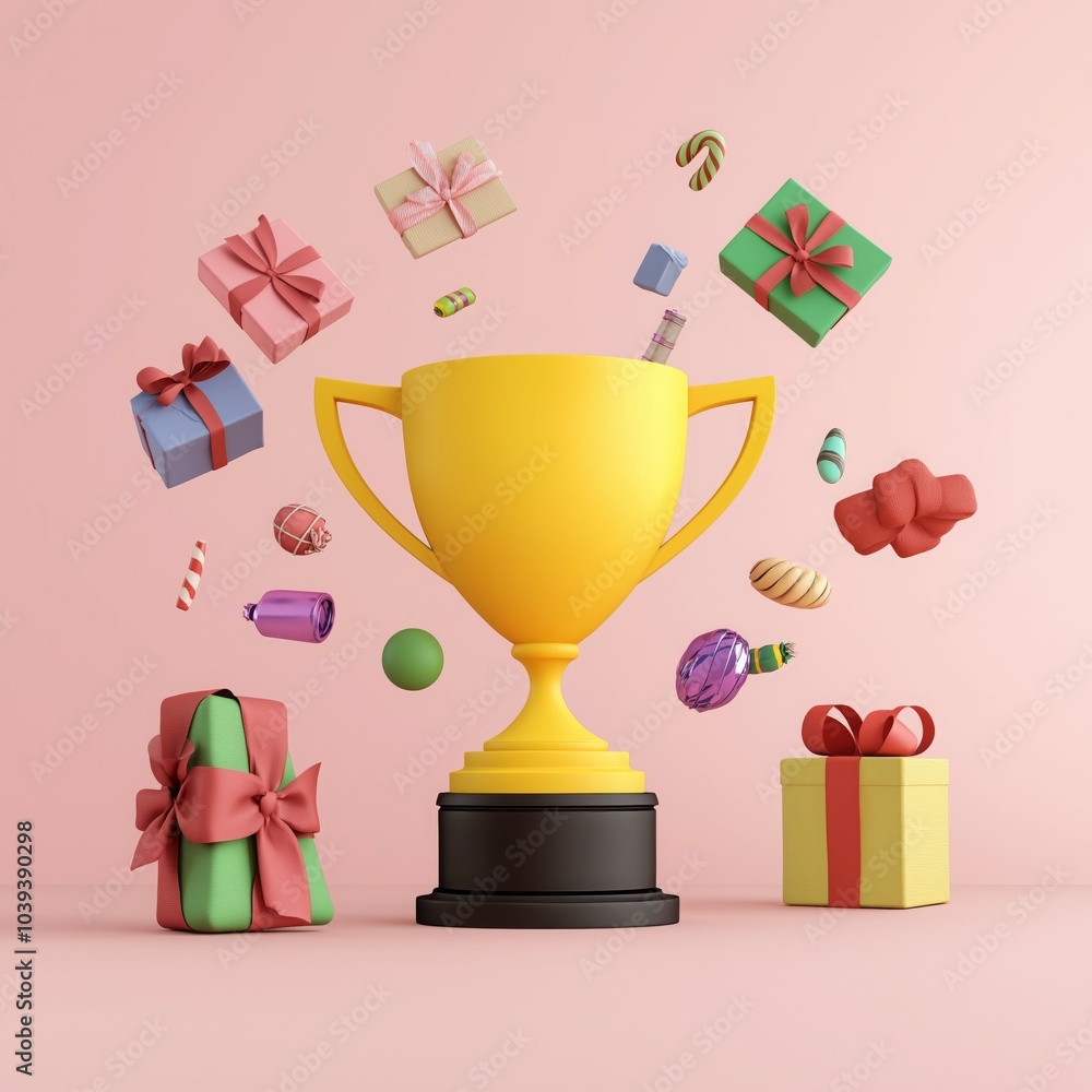 3D Yellow Trophy with Floating Gifts and Colorful Presents on Pink Background 3D Yellow Trophy with Floating Gifts and Colorful Presents on Pink Background