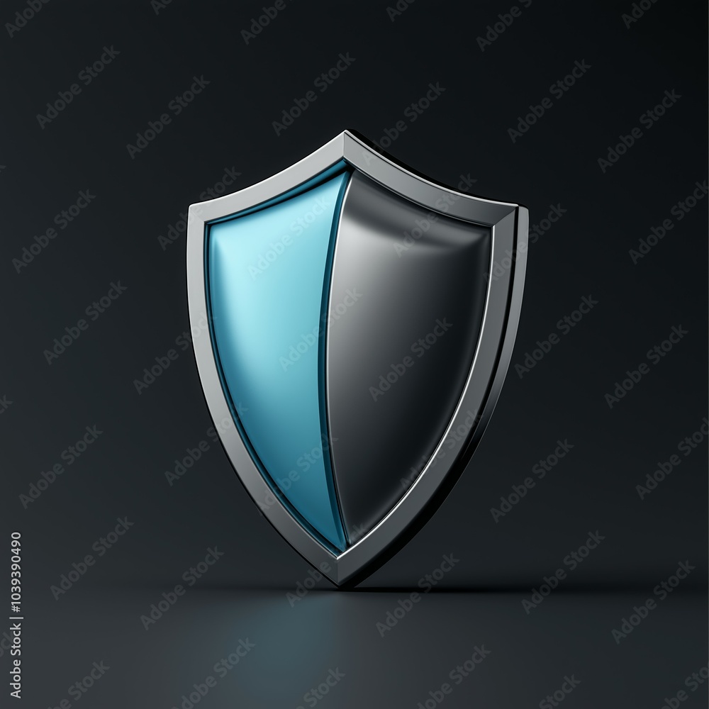 3D Metallic Shield Icon in Blue and Black Representing Digital Security and Defense 3D Metallic Shield Icon in Blue and Black Representing Digital Security and Defense