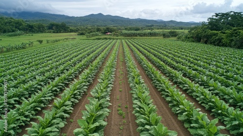 An aerial view of a tobacco field with rows of plants growing in the soil, mountains in the background.