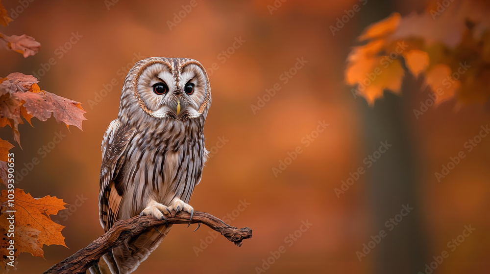 Owl perched on a branch, surrounded by vibrant autumn leaves, showcasing nature's beauty. Owl perched on a branch, surrounded by vibrant autumn leaves, showcasing nature's beauty.
