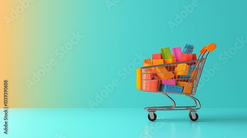 Colorful Shopping Cart Full of Gift Bags on Bright Gradient Background for Retail Sales photo