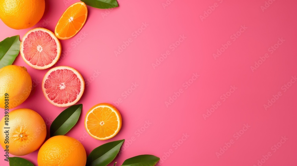 Vibrant citrus fruits arranged on a pink background, showcasing freshness and color. Vibrant citrus fruits arranged on a pink background, showcasing freshness and color.