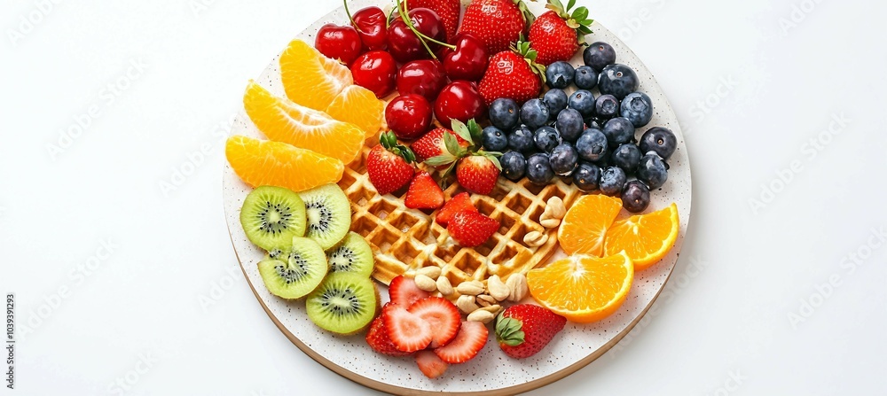 Waffle with fresh fruit and berries on a white plate Waffle with fresh fruit and berries on a white plate