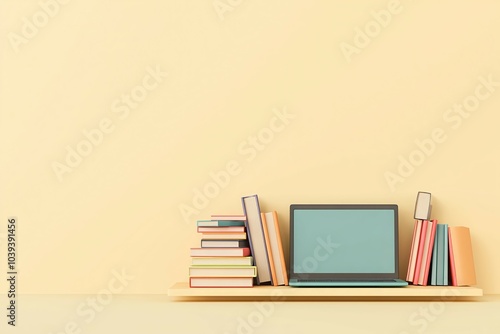 Laptop and Stack of Books on Desk with Copy Space for Educational and Work Concepts photo