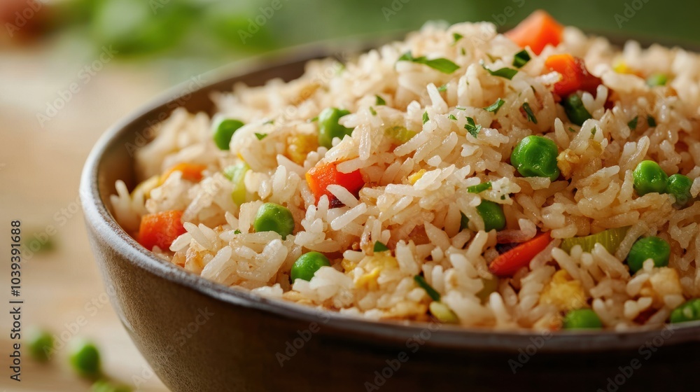 A bowl of fried rice with vegetables, showcasing a colorful and appetizing dish. A bowl of fried rice with vegetables, showcasing a colorful and appetizing dish.