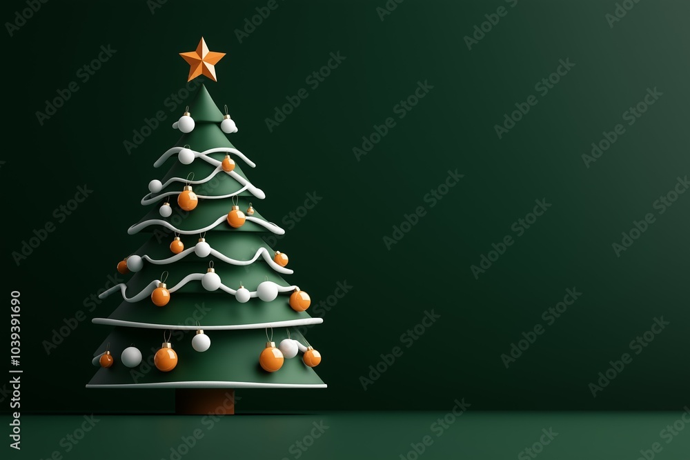 3D Christmas Tree with Ornaments and Gifts on Dark Green Background with Copy Space 3D Christmas Tree with Ornaments and Gifts on Dark Green Background with Copy Space