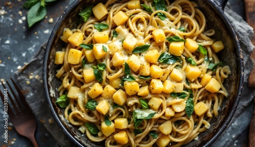 Traditional Pizzoccheri Pasta with Melted Cheese and Fresh Herbs in a Bowl (Swiss Cuisine) photo