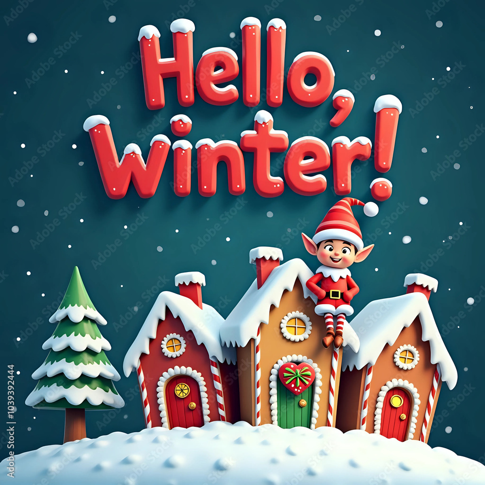 Winter scene with cute Christmas elf on snowy landscape background. Text Winter scene with cute Christmas elf on snowy landscape background. Text