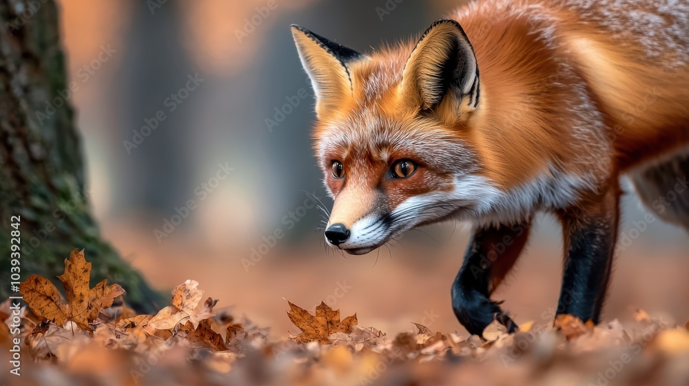 A red fox walking through a forest covered in autumn leaves. A red fox walking through a forest covered in autumn leaves.