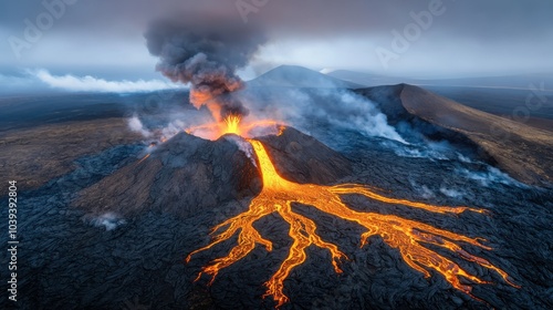 A spectacular volcanic eruption releasing lava and smoke into the atmosphere, showcasing nature's raw power.