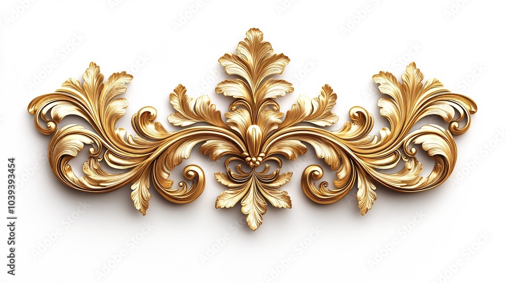 3d golden Baroque ornament set a white background with elaborate floral swirls and vintage leaf patterns evoking rich historical grandeur and opulent Renaissanceinspired decorative details 3d golden Baroque ornament set a white background with elaborate floral swirls and vintage leaf patterns evoking rich historical grandeur and opulent Renaissanceinspired decorative details