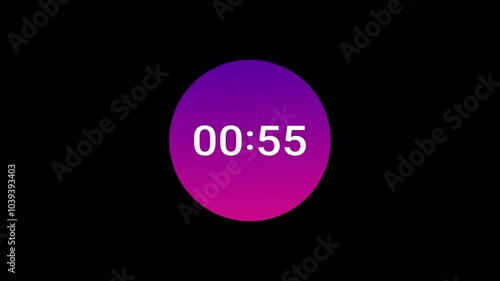 One minute countdown timer animation from 60 seconds to 0 seconds with alpha channel , 1 minute countdown timer on a transparent background. photo