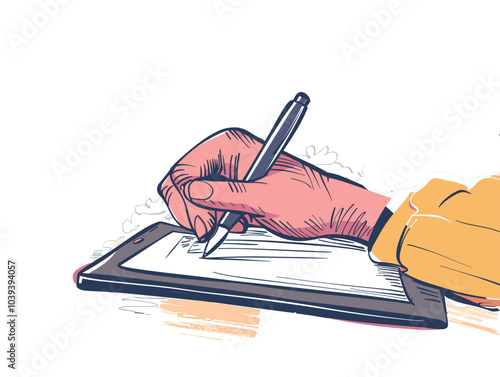 white background, Man using a digital pen and tablet, very simple and isolate in the style of animated illustrations, white background