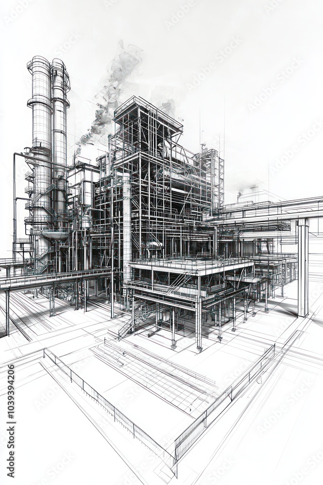 Technical wireframe illustration of an industrial facility's intricate design. Technical wireframe illustration of an industrial facility's intricate design.