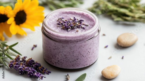 Homemade lavender body scrub jar surrounded by an assortment of natural botanicals stones and bright yellow flowers  The composition features hyper detailed water droplets and a deep depth of field photo