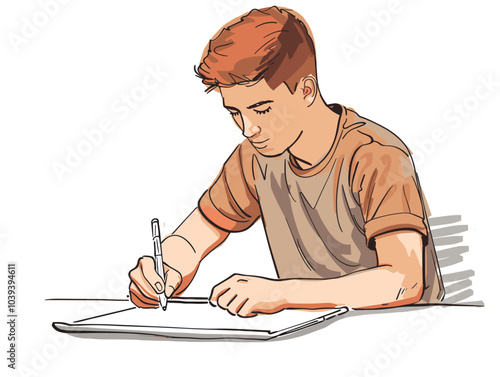 white background, Man practicing digital art or graphic design, very simple and isolate in the style of animated illustrations, white background