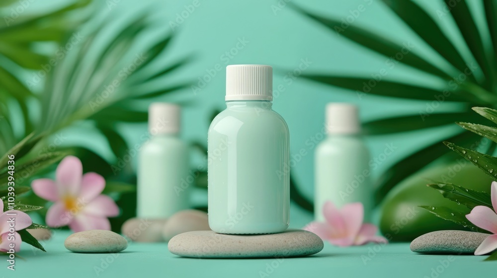 Close up shot of a pastel green serum bottle sitting on natural stones surrounded by lush palm leaves and bright colorful flowers The image has a soft serene and natural feel Close up shot of a pastel green serum bottle sitting on natural stones surrounded by lush palm leaves and bright colorful flowers The image has a soft serene and natural feel