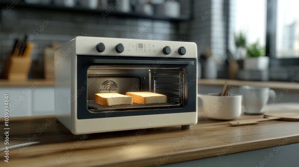 A modern toaster oven with two slices of bread inside, set on a kitchen countertop. A modern toaster oven with two slices of bread inside, set on a kitchen countertop.