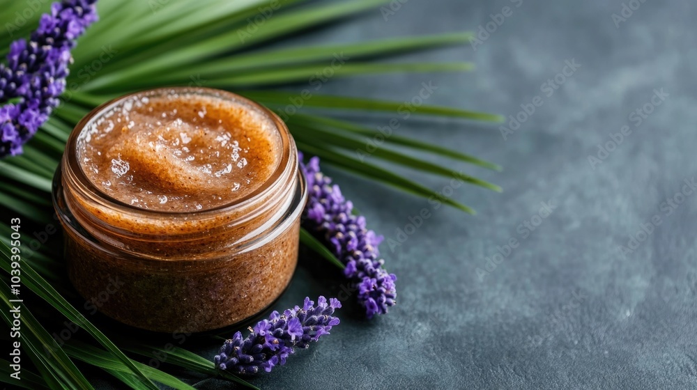 Earthy Body Scrub in a Brown Jar Surrounded by Lush Palm Leaves and Fragrant Lavender Flowers with Free Flowing Water Drops and Hyper Detailed Texture Earthy Body Scrub in a Brown Jar Surrounded by Lush Palm Leaves and Fragrant Lavender Flowers with Free Flowing Water Drops and Hyper Detailed Texture