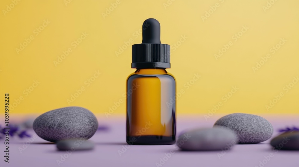 Minimalist arrangement featuring an amber glass serum bottle with a dropper surrounded by gray stones and fresh lavender sprigs against a vivid yellow background Minimalist arrangement featuring an amber glass serum bottle with a dropper surrounded by gray stones and fresh lavender sprigs against a vivid yellow background
