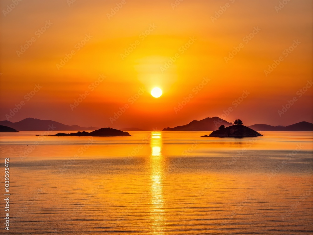 Captivating Minimalist Sunset Over the Mediterranean with Glowing Sun and Idyllic Islands, Tranquil Waters, and Soft Silhouettes for Serene Nature Photography Captivating Minimalist Sunset Over the Mediterranean with Glowing Sun and Idyllic Islands, Tranquil Waters, and Soft Silhouettes for Serene Nature Photography