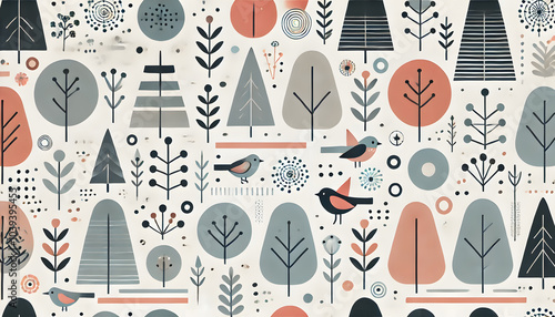 Wallpaper Mural 北欧スタイルのシームレスパターン - 木、鳥、花の抽象デザイン Torontodigital.ca