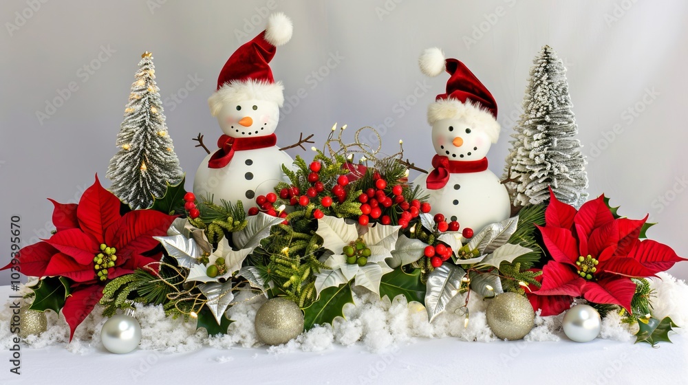 Happy New Year and Merry Christmas. 3d snow-covered Christmas trees, a snowman in a Santa hat on a light background. Christmas winter composition. Happy New Year and Merry Christmas. 3d snow-covered Christmas trees, a snowman in a Santa hat on a light background. Christmas winter composition.