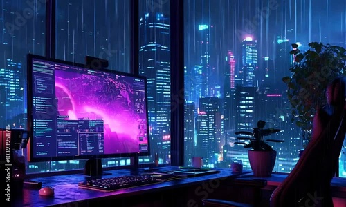 A cyberpunk style desk with a computer screen showing a digital map, a keyboard, a mouse, and a plant in a pot, with a window view of a rainy city skyline.