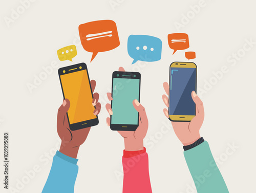 Diverse hands holding smartphones, engaging in colorful speech bubble conversations.