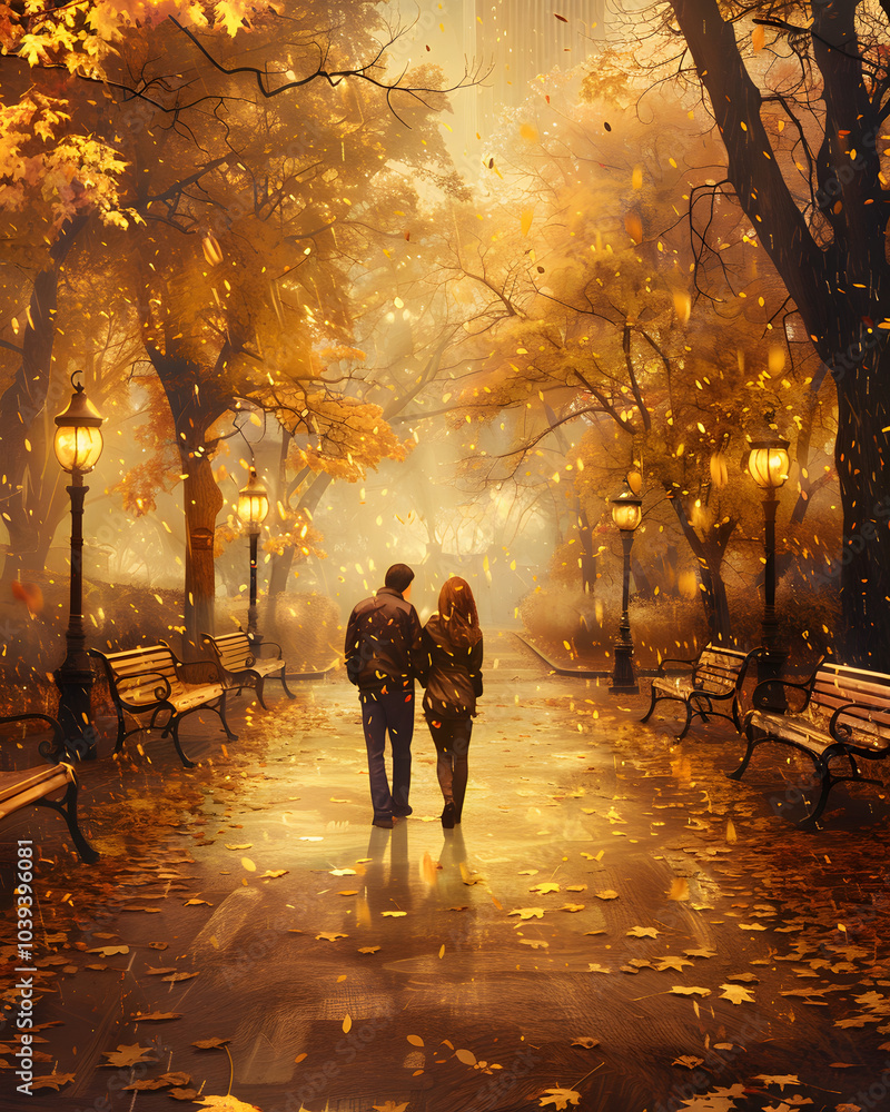 Couple walking through autumn park under falling leaves Couple walking through autumn park under falling leaves