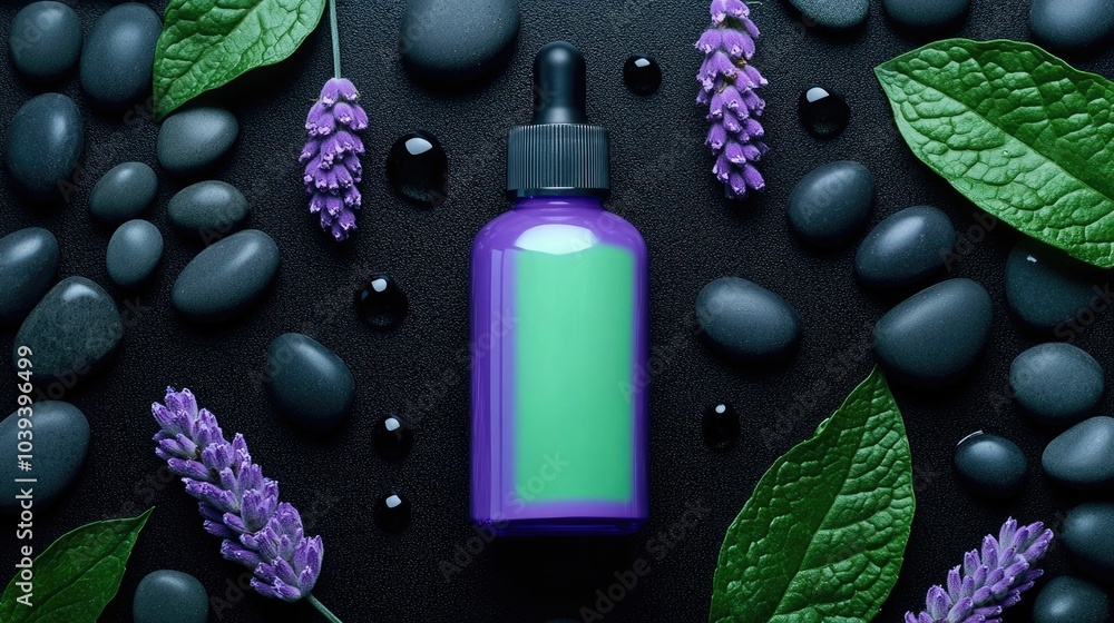 Closeup of a vibrant serum bottle with green and lavender tones placed among smooth black stones and delicate purple flowers Closeup of a vibrant serum bottle with green and lavender tones placed among smooth black stones and delicate purple flowers
