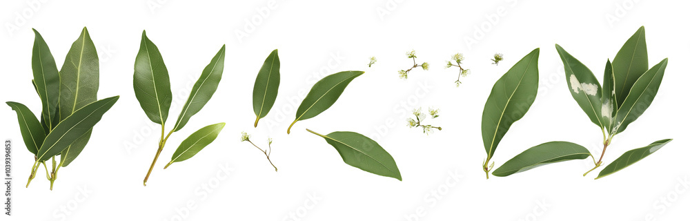 Fresh Laurel leaves isolated on transparent background. Green bay leaf. Top view. Flat lay. Fresh Laurel leaves isolated on transparent background. Green bay leaf. Top view. Flat lay.