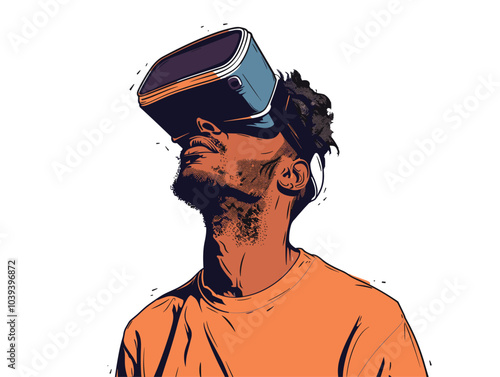 white background, Man with VR goggles experiencing virtual reality, very simple and isolate in the style of animated illustrations, white background