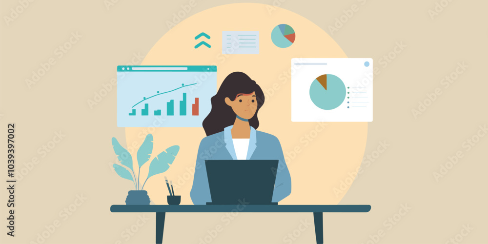 Illustration of a woman working at a desk with charts and graphs in the background. Illustration of a woman working at a desk with charts and graphs in the background.