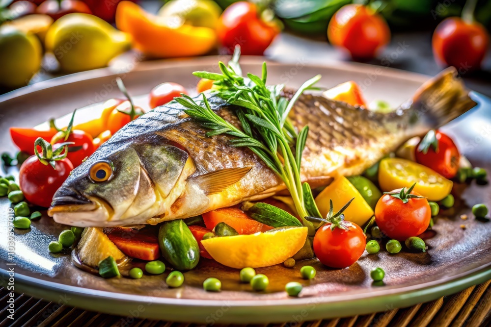 Close-Up of Grilled Fish and Vegetables in Restaurant Kitchen, Culinary Art, Gourmet Dish, High Depth of Field, Fresh Ingredients, Cooking Process, Food Photography Close-Up of Grilled Fish and Vegetables in Restaurant Kitchen, Culinary Art, Gourmet Dish, High Depth of Field, Fresh Ingredients, Cooking Process, Food Photography