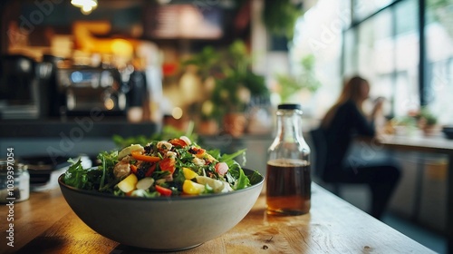 Fresh Salad on Wooden Table in Cafe with Woman in Background