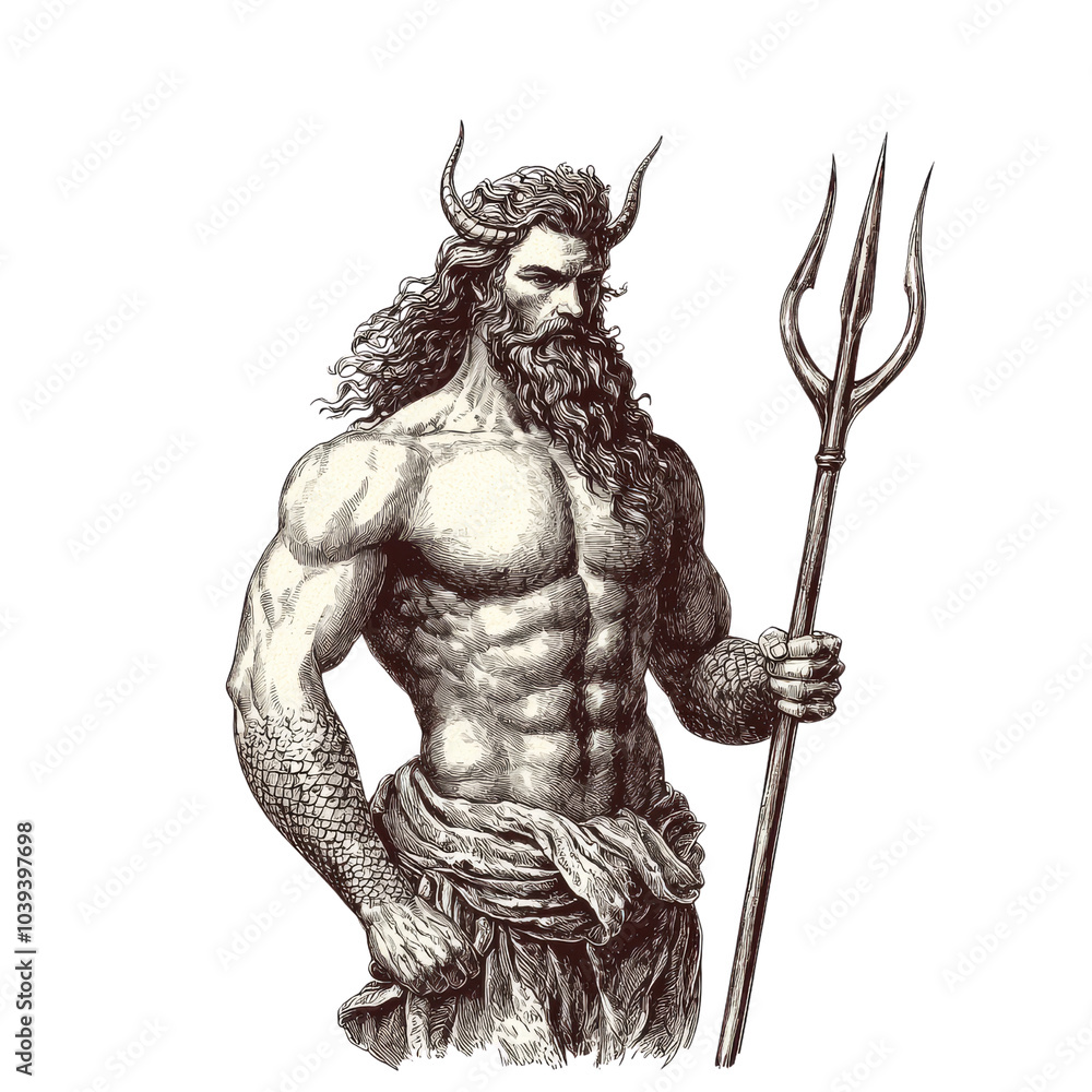Obraz premium Neptune: A detailed illustration of Neptune, the Roman god of the sea, his muscular physique, flowing beard and trident exuding power and authority.