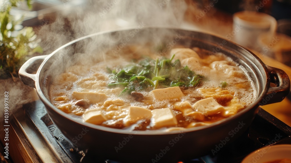 Delicious Hot Pot with Fresh Ingredients and Steam Delicious Hot Pot with Fresh Ingredients and Steam