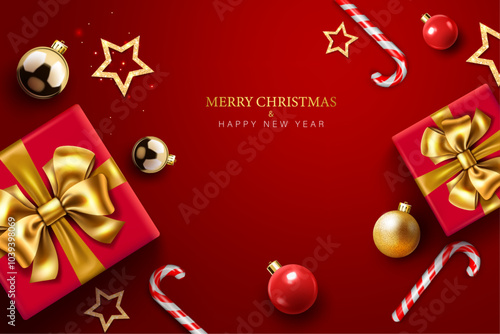 gift box,gold christmas ball candy cane decorative abstract digital geometric banner and greeting card, merry christmas and happy new year celebration red top view background vector illustration.