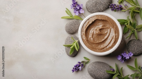 Hyper detailed image of a body scrub in earthy brown and lavender tones placed on natural stones and surrounded by aromatic herbs and delicate flowers photo