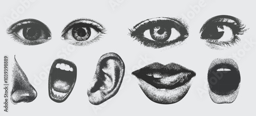 Eyes Mouth and lips in scream for grunge punk y2k collage design, with a halftone stipple effect