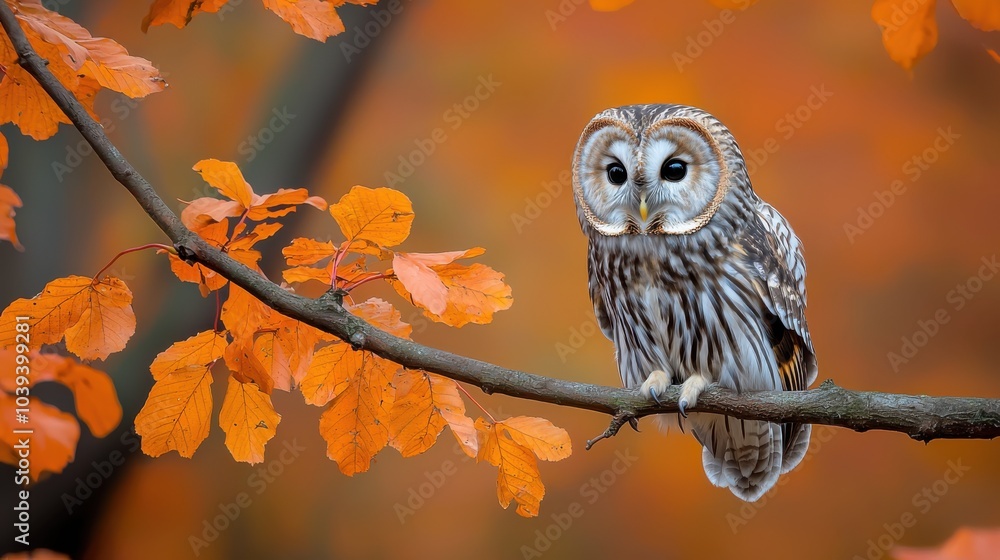 A majestic owl perched on a branch amidst vibrant autumn leaves. A majestic owl perched on a branch amidst vibrant autumn leaves.