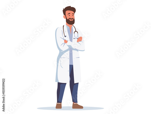 white background, Man standing confidently with arms crossed in front of a successful business, very simple and isolate in the style of animated illustrations, white background