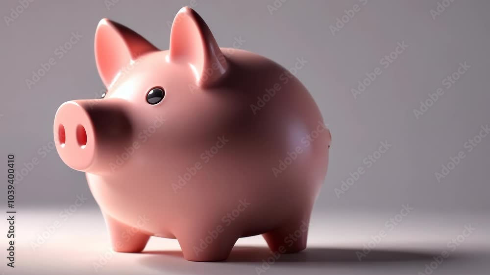 A pink piggy bank sits on a white surface against a gray background A pink piggy bank sits on a white surface against a gray background