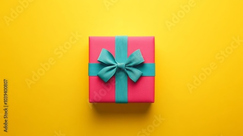 Pink gift box with teal ribbon on bright yellow background