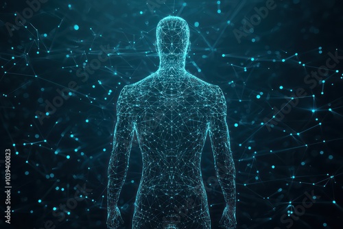 Futuristic wireframe silhouette of a human, created by AI in an abstract design.